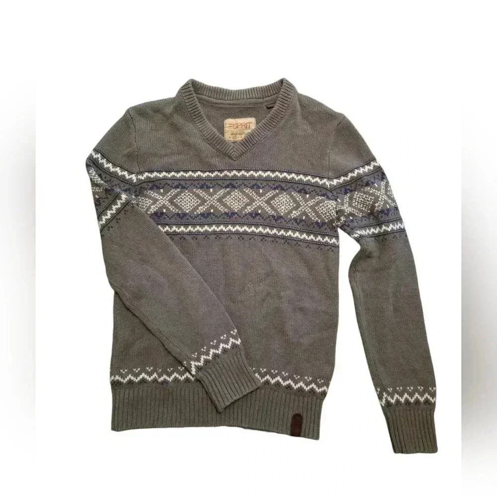 Vintage Esprit V-neck Sweater‎ Grey Blue Retro Winter Lagenlook Cotton Size M